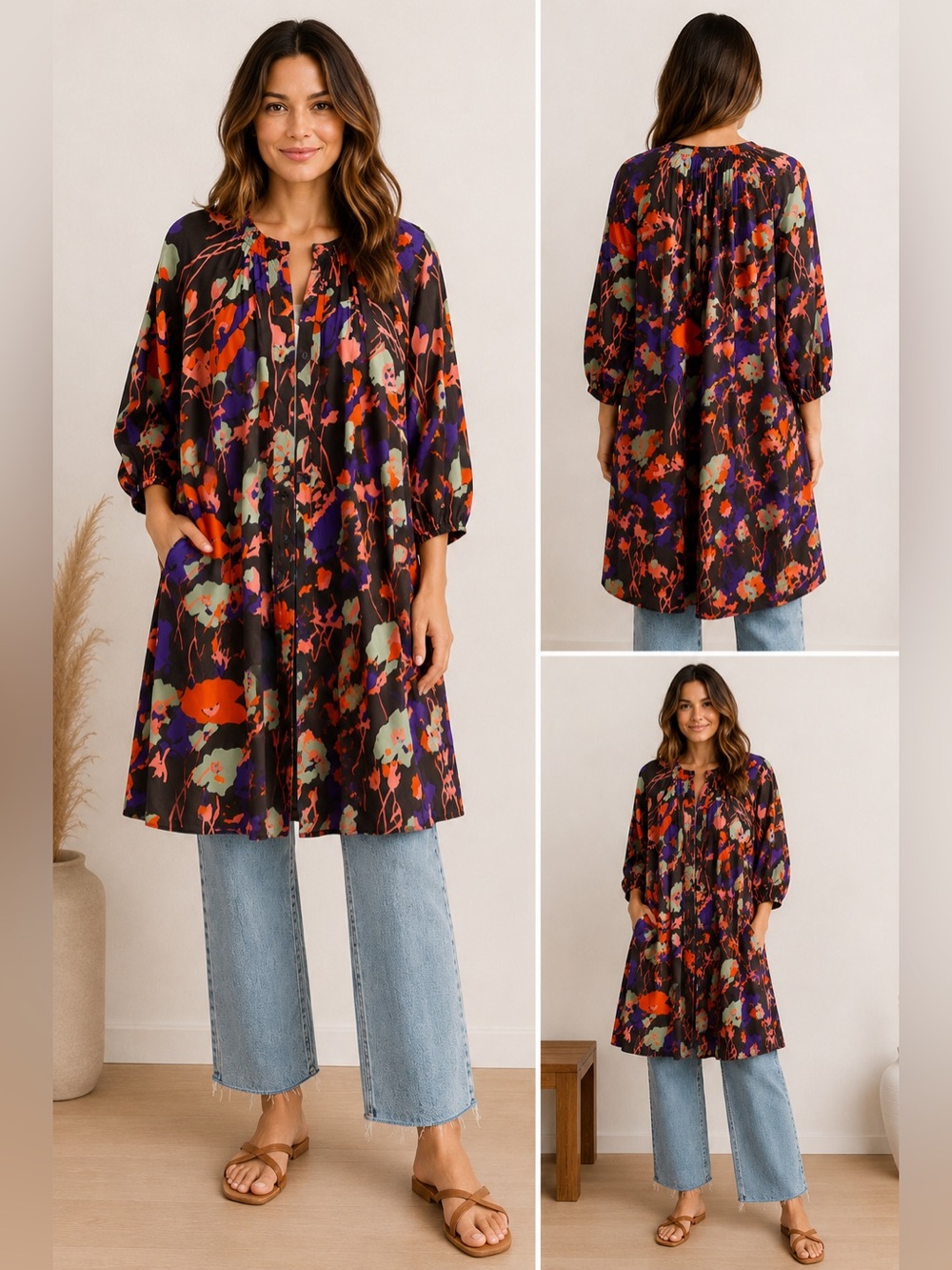 Tucker 100% Silk Floral Tunic Blouse M *small flaw, read!*